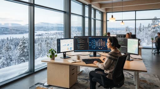 Webbus Kiruna Tech Workspace med subarktisk utsikt och modern AI-infrastruktur